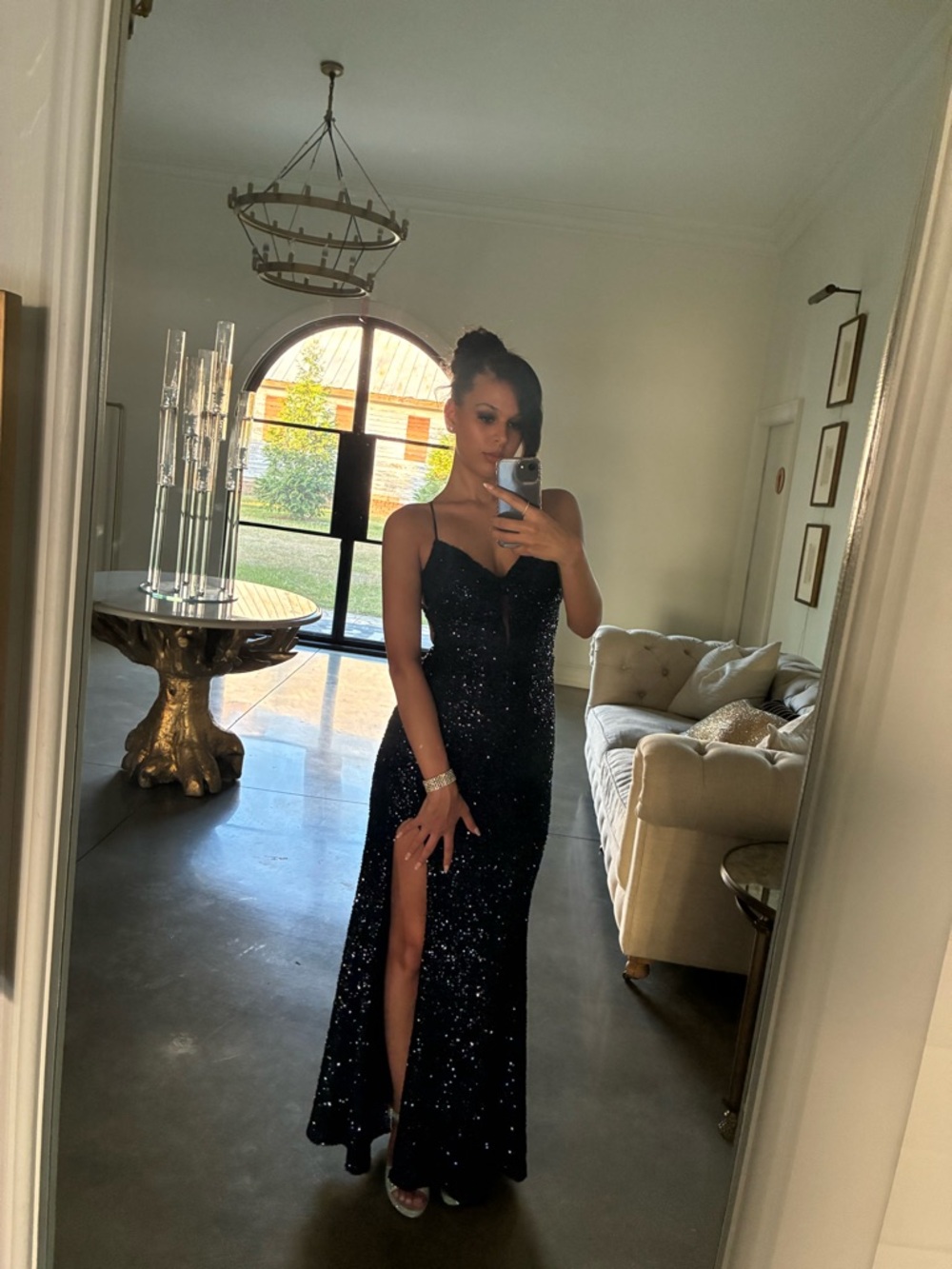 Elegant Navy Blue Sequin Evening Gown - Sleeveless Slit Dress